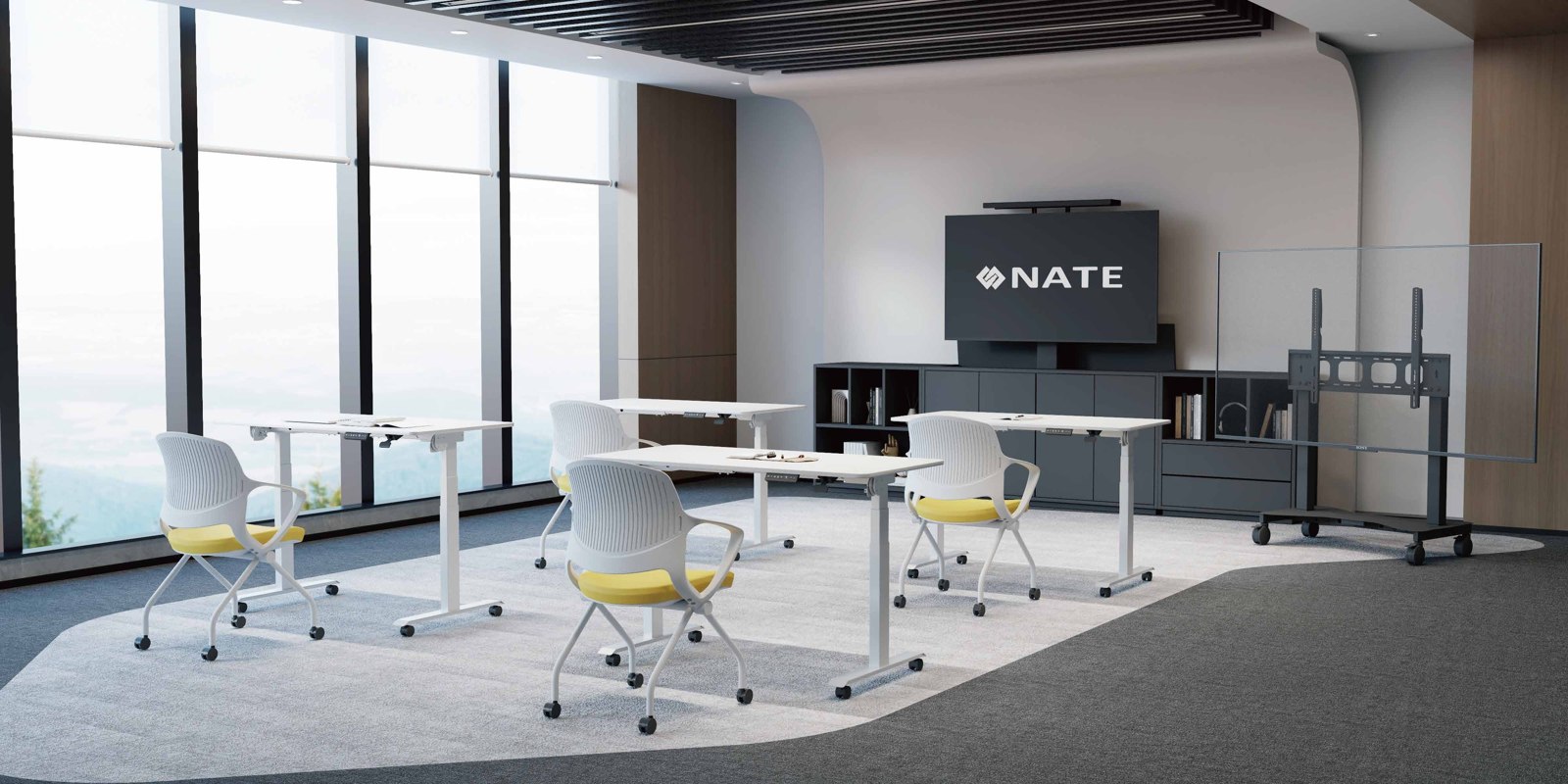 NATE height-adjustable display stands in a meeting space